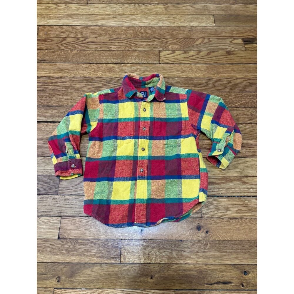 Vintage Gap Youth Boys Flannel Button Down Shirt Sz XS Red Yellow Plaid Cotton